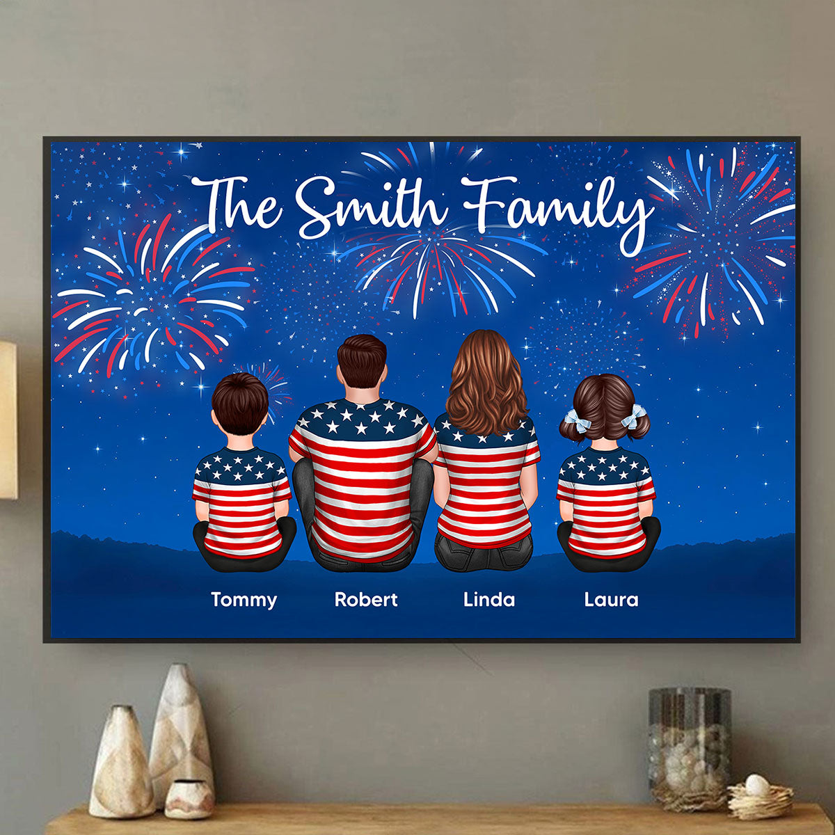 American Family At Night Firework 4th Of July Personalized Poster, Father's Day gift, gift for family