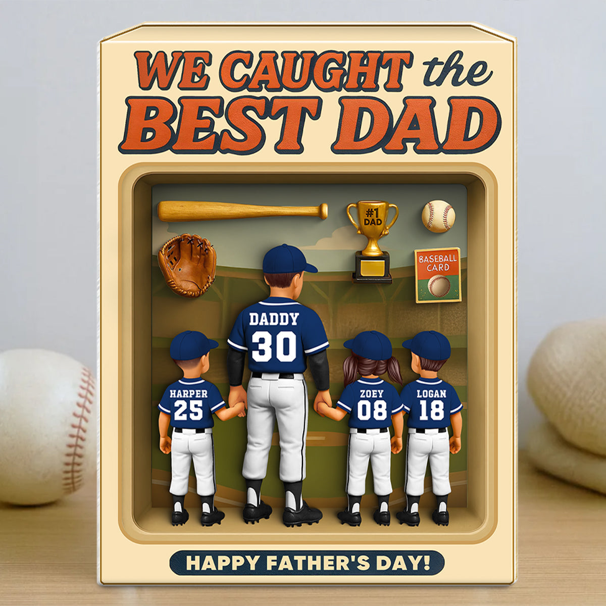 Baseball Dad And Kids, Custom Action Figure, Personalized Toy Box Acrylic Block,  gift