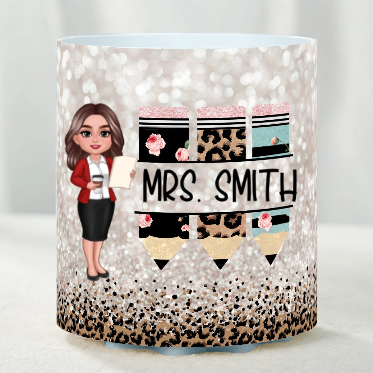 Teacher Leopard Rainbow Personalized Rotating Pen Holder, Teacher Appreciation Gift, Back To School Gift