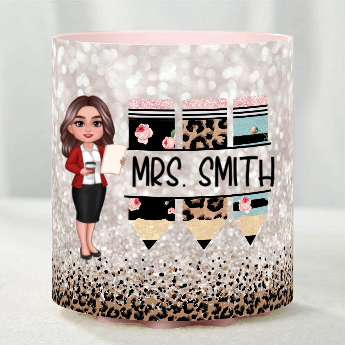 Teacher Leopard Rainbow Personalized Rotating Pen Holder, Teacher Appreciation Gift, Back To School Gift