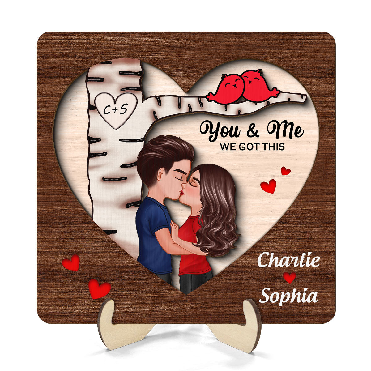 Couple Kissing Under Tree With Love Birds Personalized 2-Layer Wooden Plaque