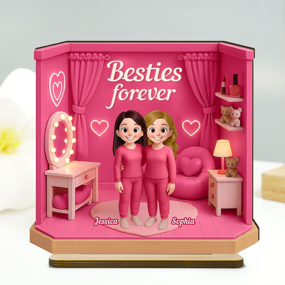 3D Effect Besties Pink Tone Dream Dollhouse Personalized Flat Standing Wooden Plaque