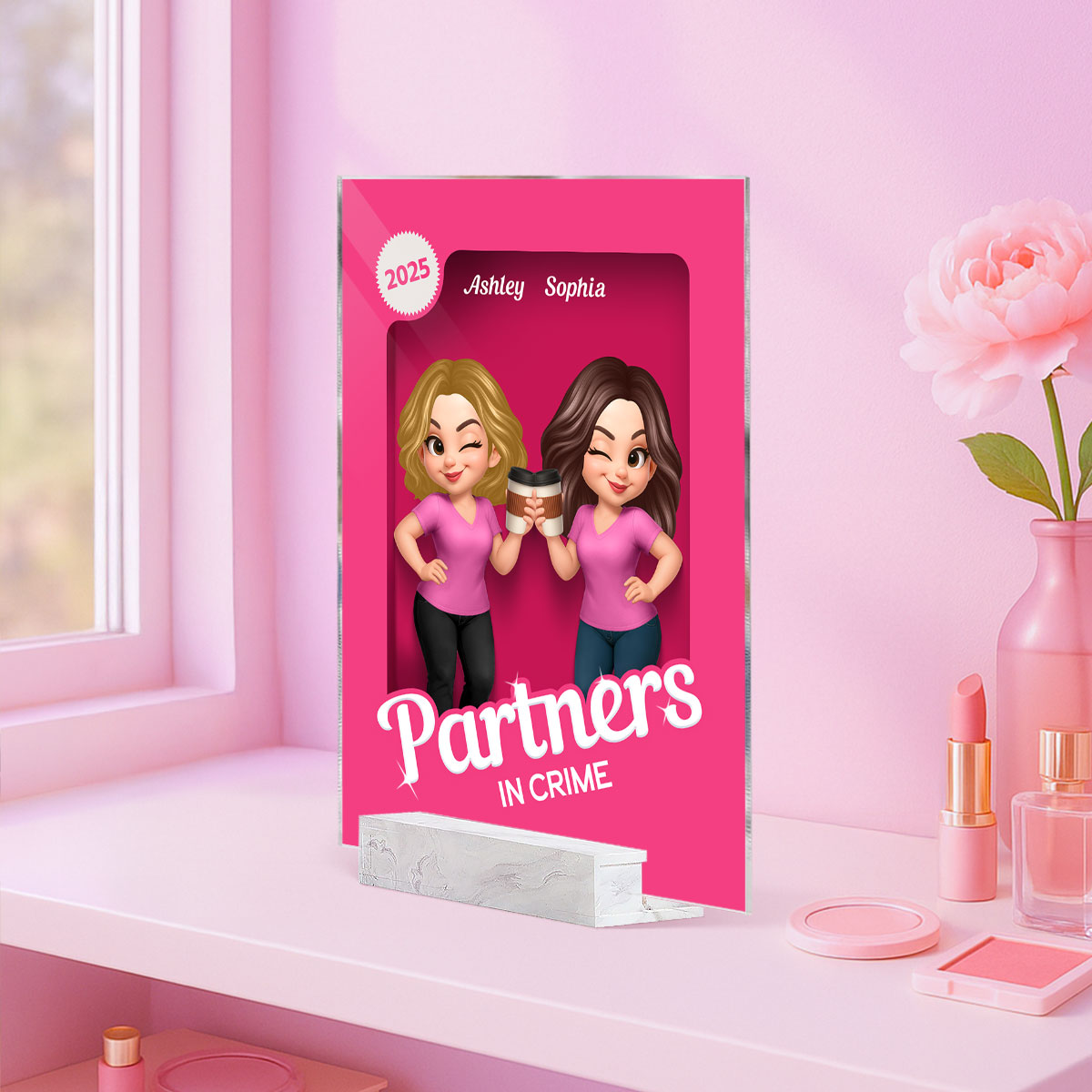Besties Sisters 3D Effect Pink Toy Box Personalized Acrylic Plaque, Gift for Besties, Best Friends
