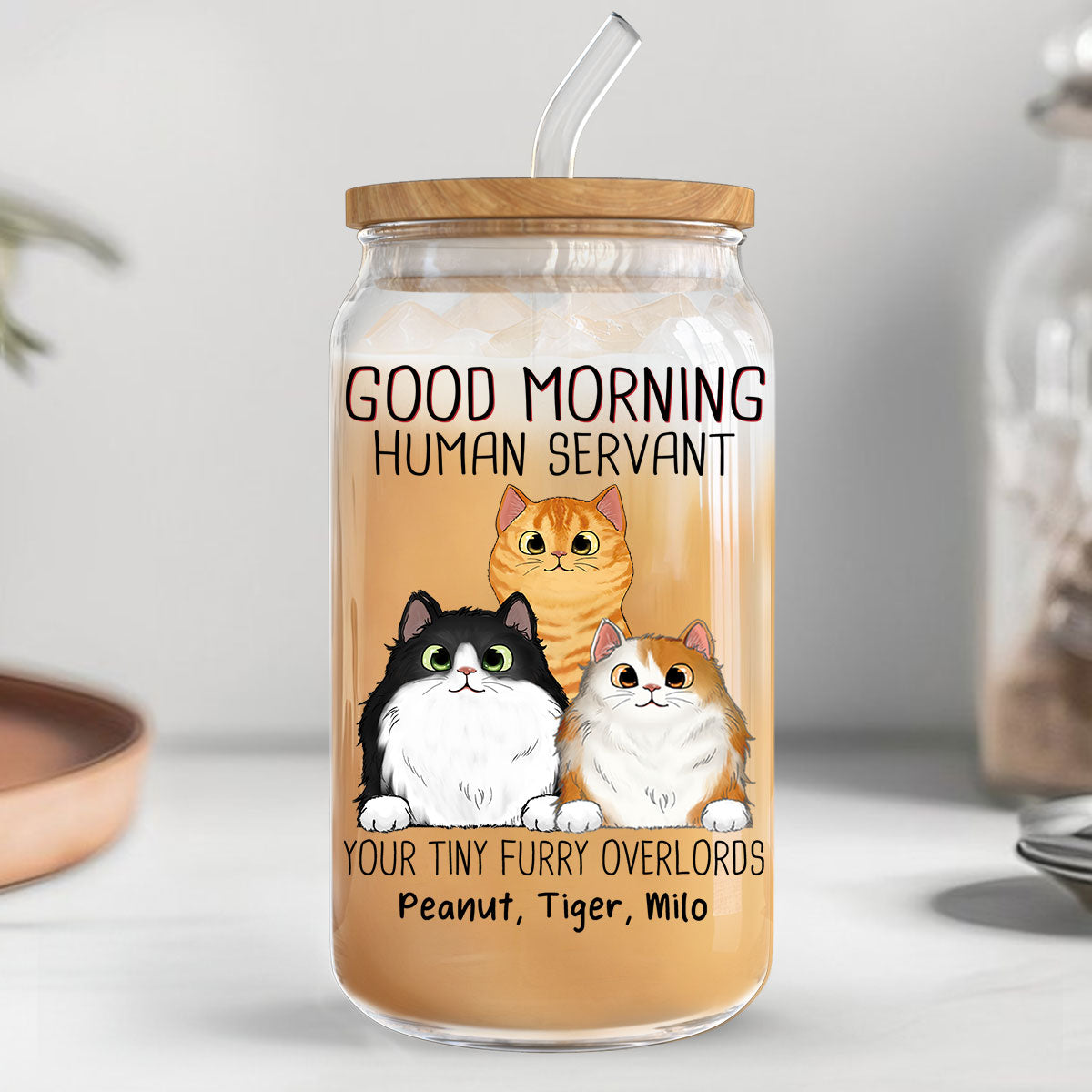 Good Morning Cat Human Servant Funny Gift For Cat Lovers Personalized Clear Glass Can