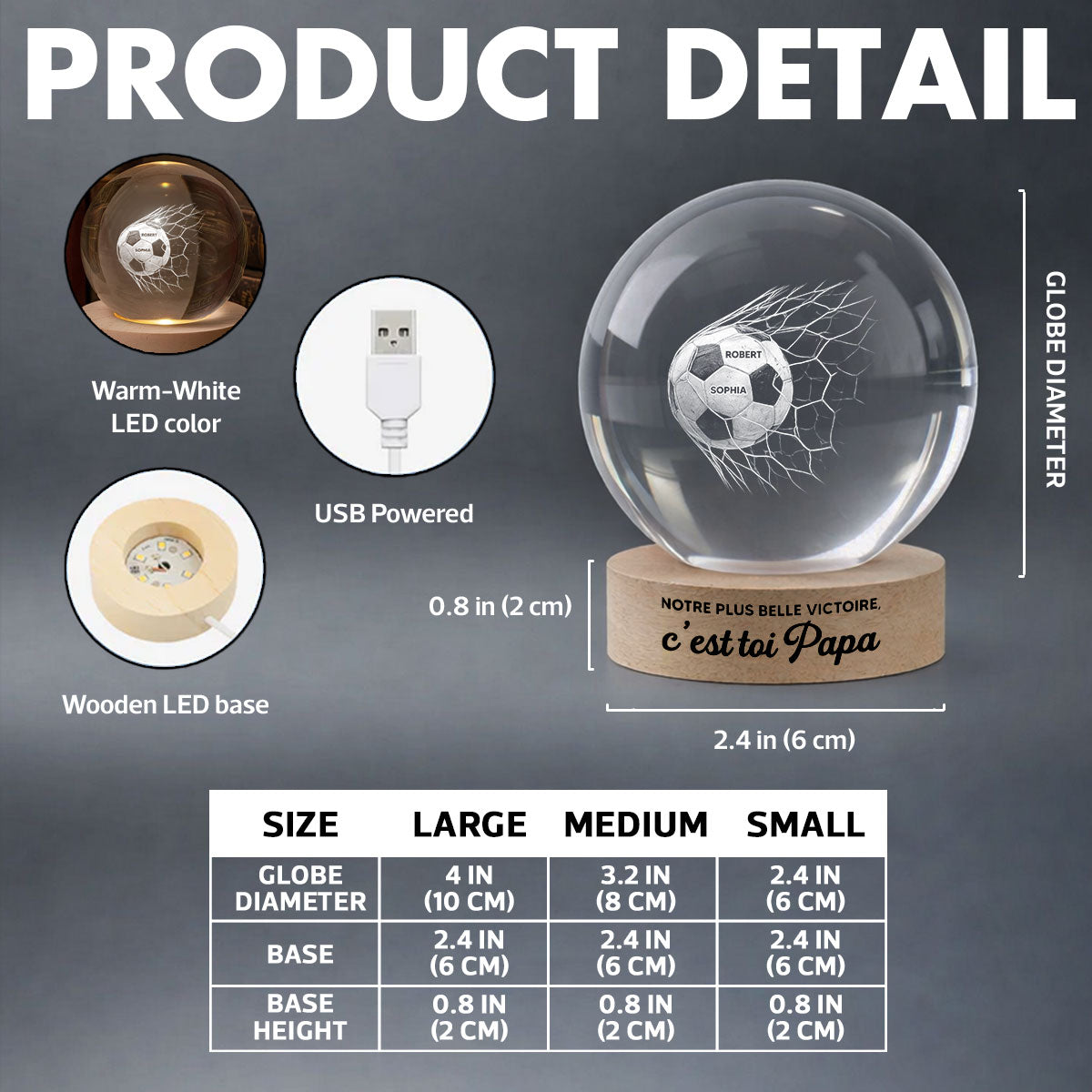 Notre plus belle victoire c’est toi Papa – Veilleuse LED Boule de Cristal Personnalise – Cadeau de Fte des Pres