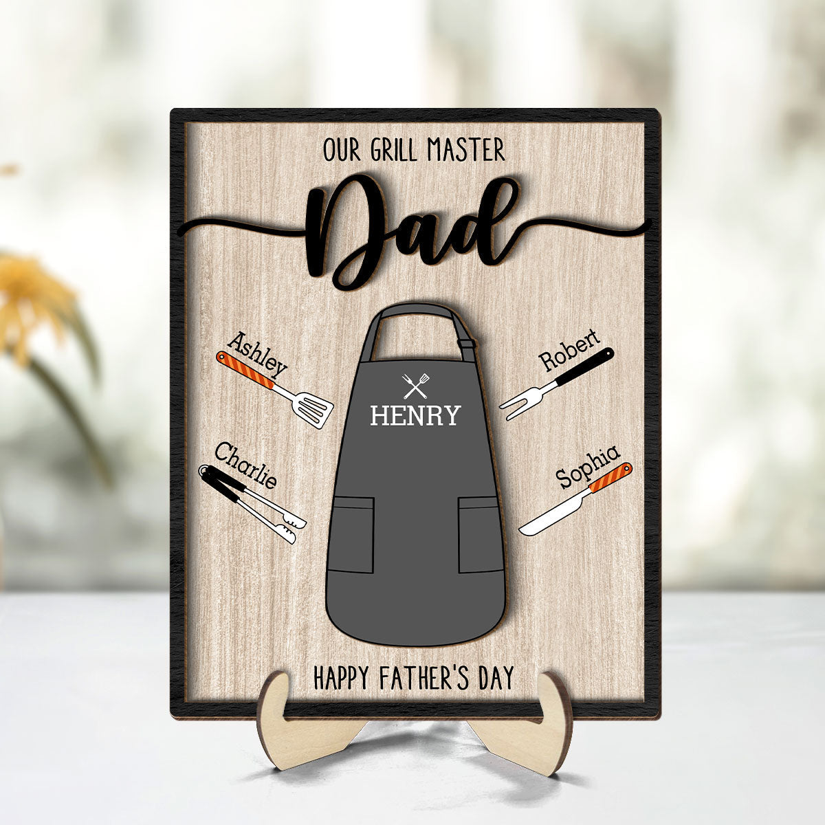 Our Grill Master Apron And Tools With Kids' Names Personalized 2-Layer Wooden Plaque,  Gift For Husband, For Dad, For Grandpa