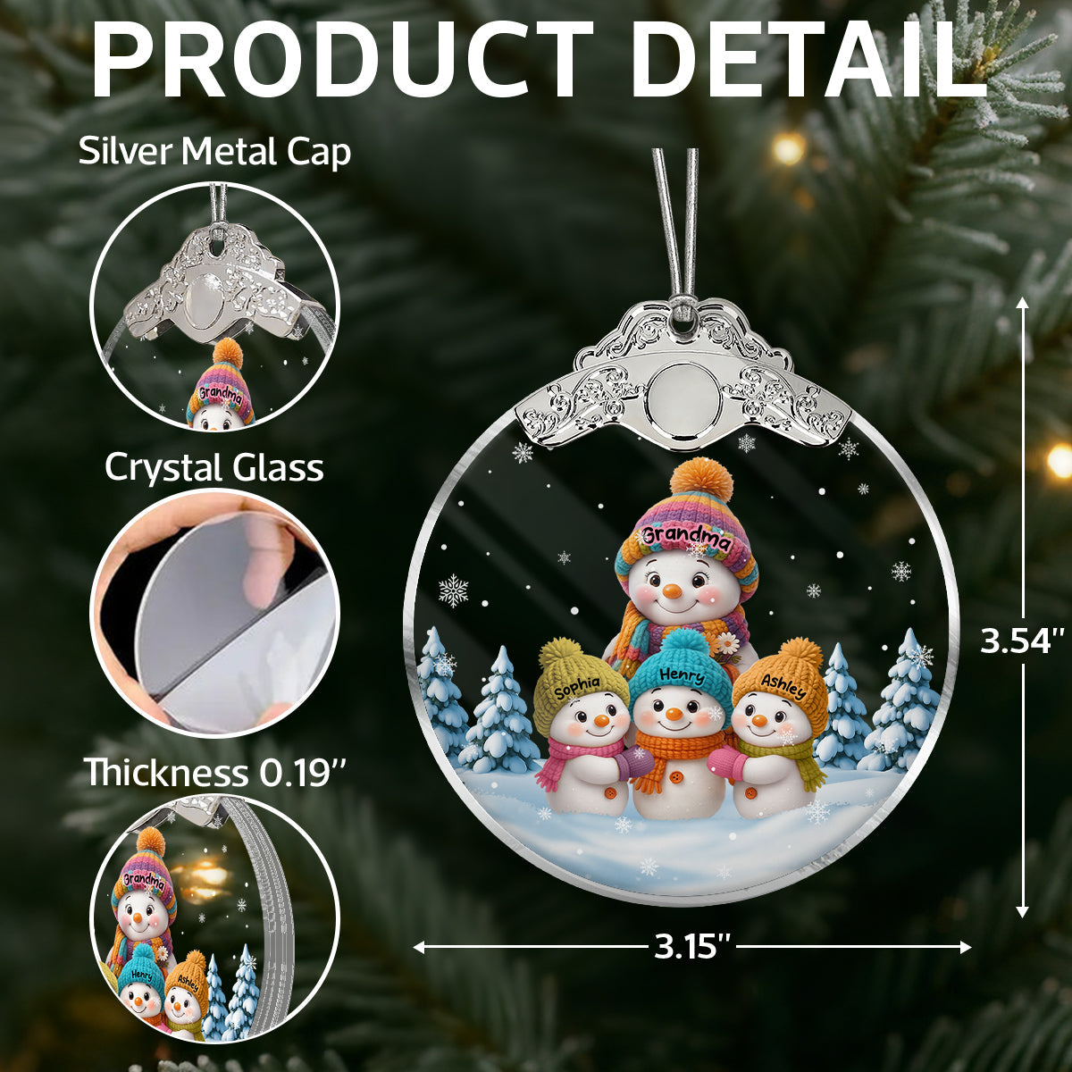 Snowman Grandma & Grandkids in Snow - Personalized Glass Ornament With Silver Cap - Heartwarming Christmas Gift for Grandma Grandpa - 3D Effect Ornament