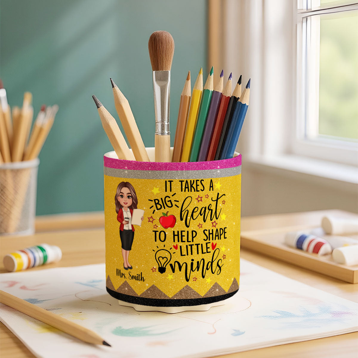 It Takes A Big Heart to Help Shape Little Minds Personalized Rotating Pen Holder, Teacher Appreciation Gift, Back To School Gift