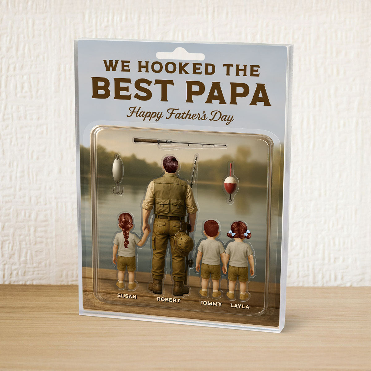 Dad And Kids Fishing Together Custom Figure Personalized Acrylic Block Plaque,  Gift For Fishing Dad, For Grandpa, For Husband
