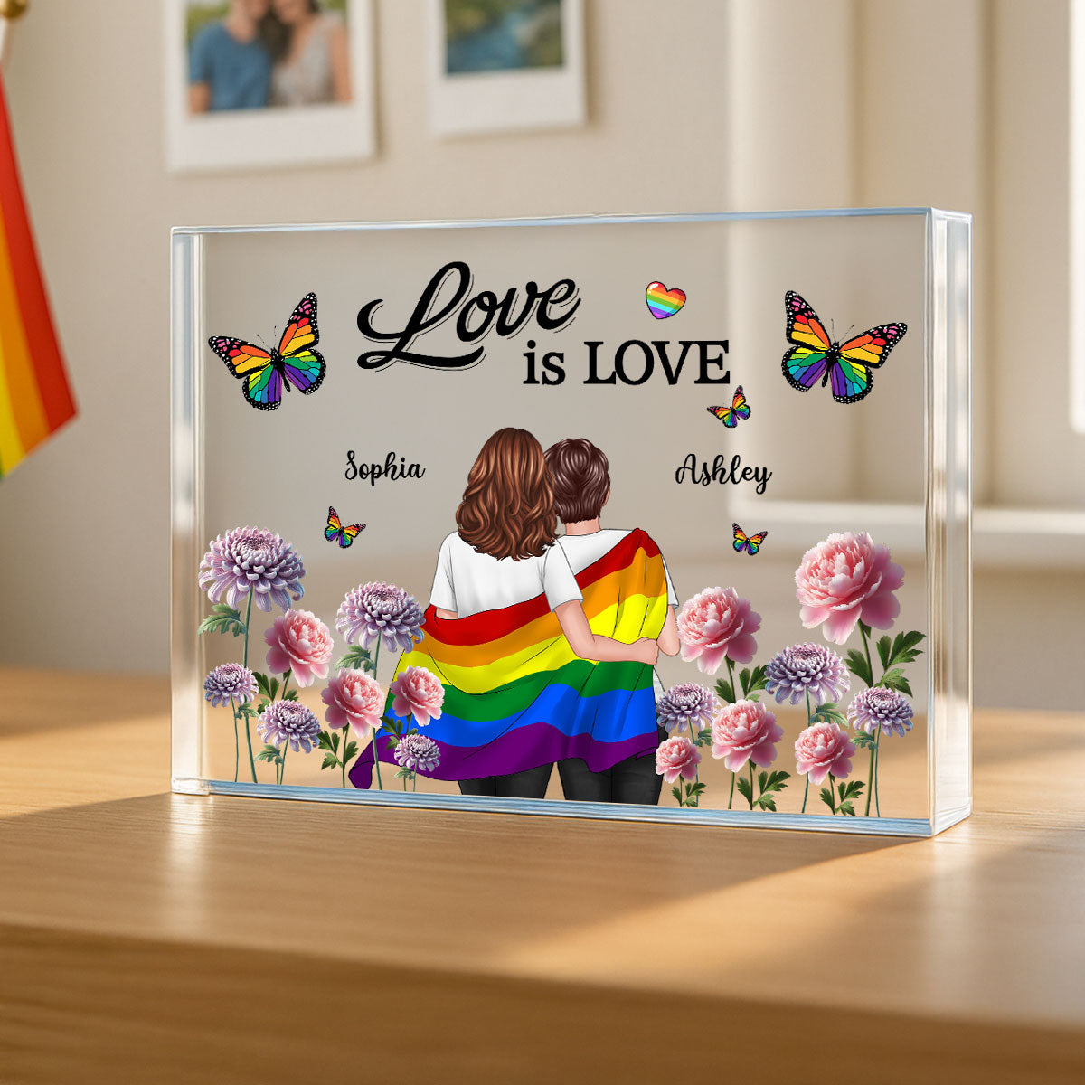 Pride Month LGBT Couple Birth Month Flowers Personalized Rectangle Acrylic Block Plaque, Gift For Couple