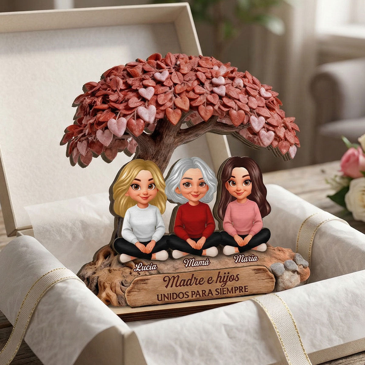 Mam y Hija Hijo Bajo el rbol del Corazn - Placa de Madera Personalizada de 2 Capas - Regalo para Mam