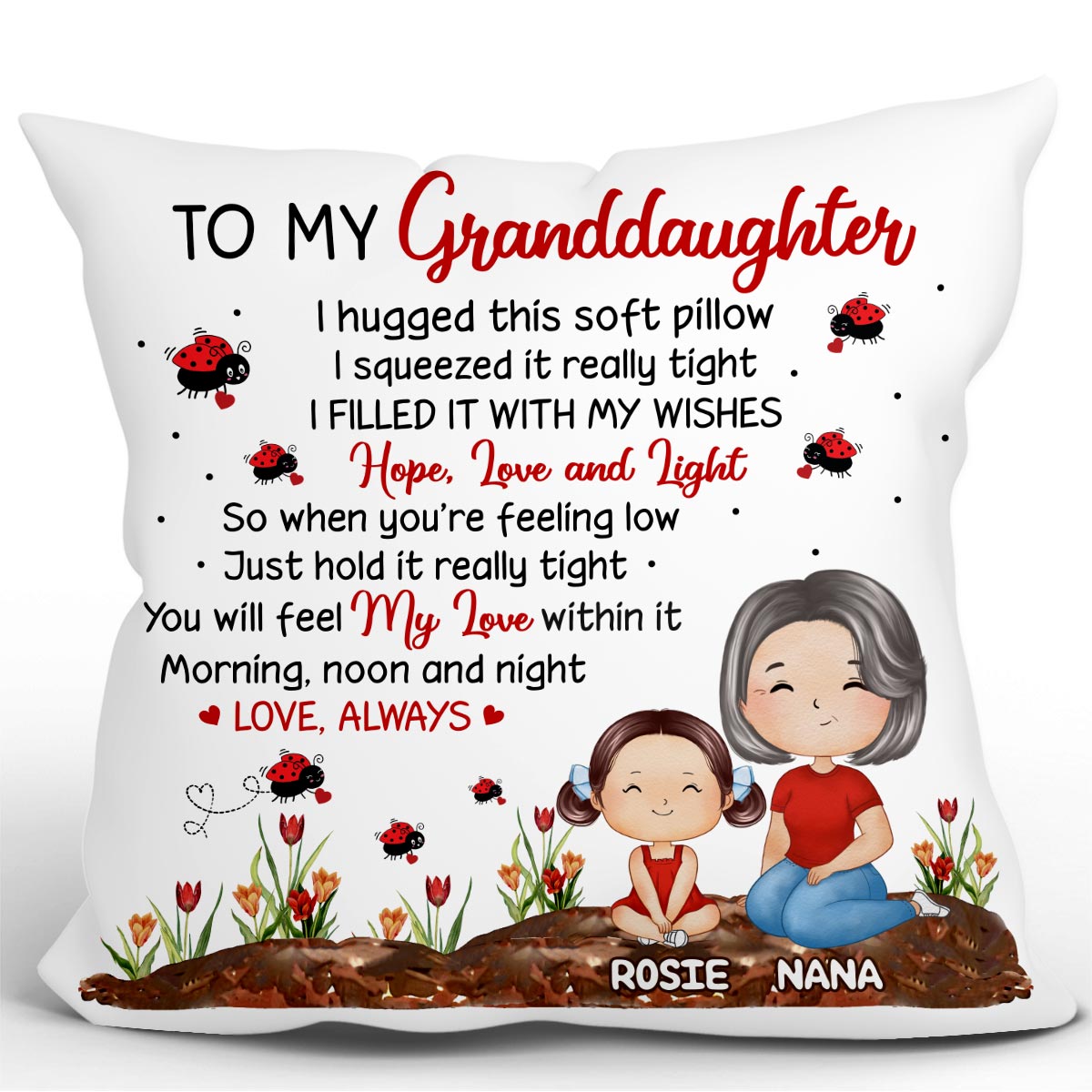 Lady Bug To My Granddaughter Grandson Doll Grandma Grandkids Watercolor Style Gift For Grandchildren Personalized Pillow