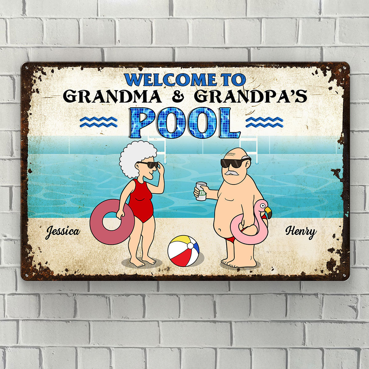 Welcome To Grandma Grandpa Pool, Funny Cartoon Personalized Metal Sign