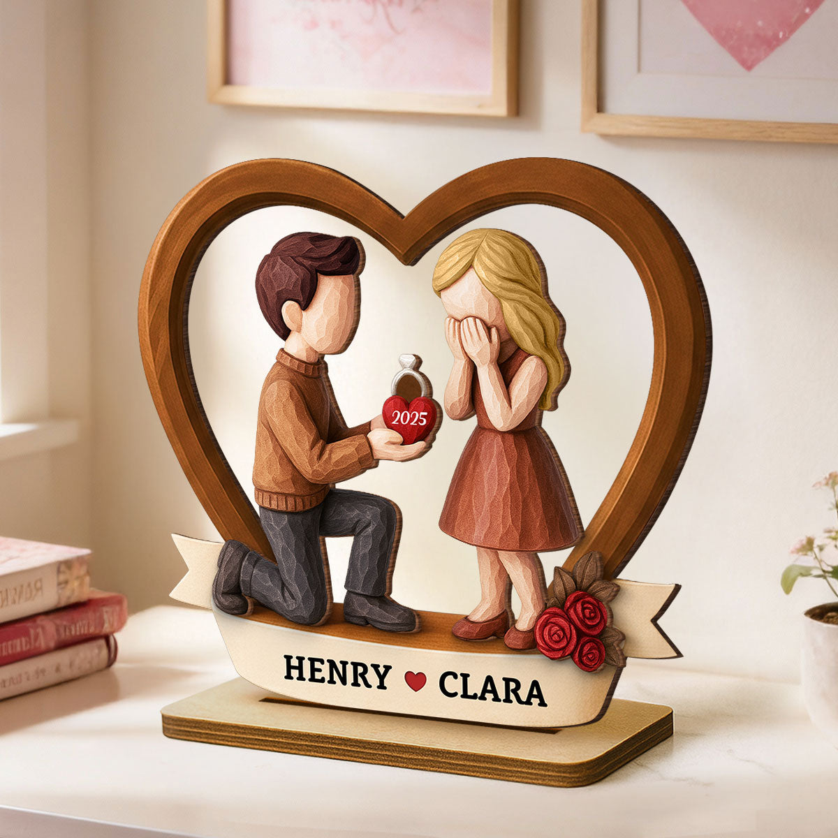 Couple Marriage Proposal 3D Wooden Effect - Personalized Wooden Plaque - Newly Engaged Gift, ""She Said Yes!""