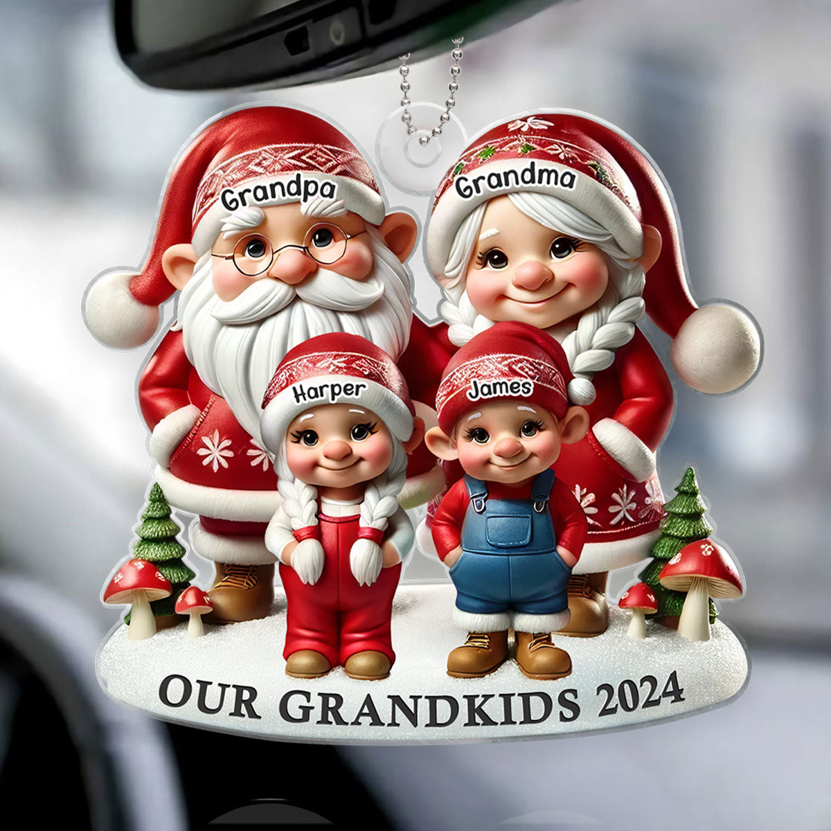 3D Effect Gnome Grandma Grandpa And Grandkids Christmas Personalized Acrylic Car Hanger Ornament