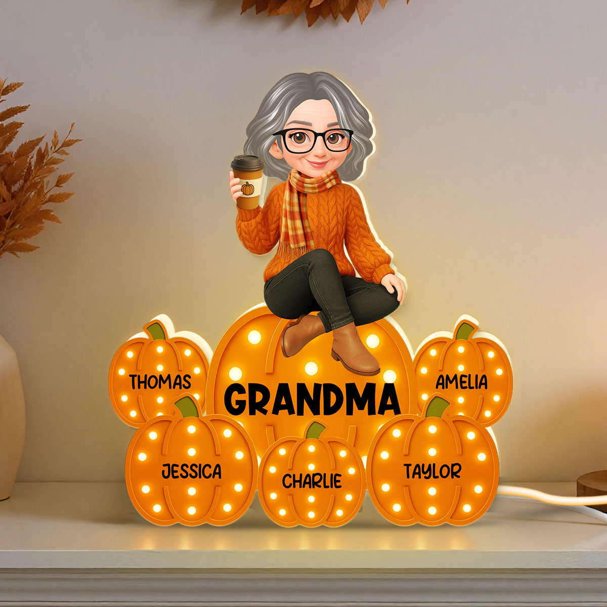 Fall Season Grandma Marquee Pattern Texture Pumpkins Kids Names Personalized LED Light Box