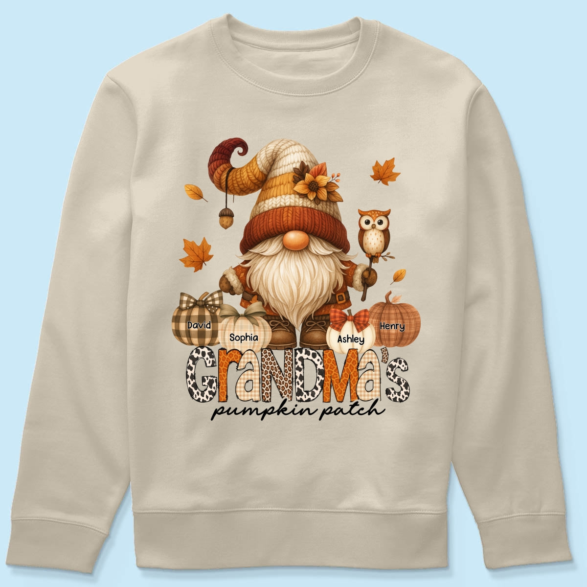 Grandma's Pumpkin Patch Cute Fall Gnome Personalized Sweatshirt, Cozy Fall Shirt for Grandma, Mom