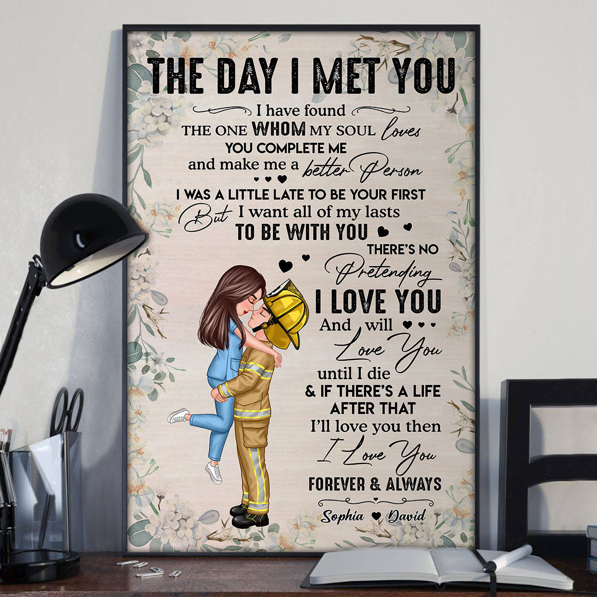 Couple Hugging Kissing Valentine‘s Day Gifts by Occupation Gift For Her Gift For Him Firefighter, Nurse, Police Officer Personalized Vertical Poster