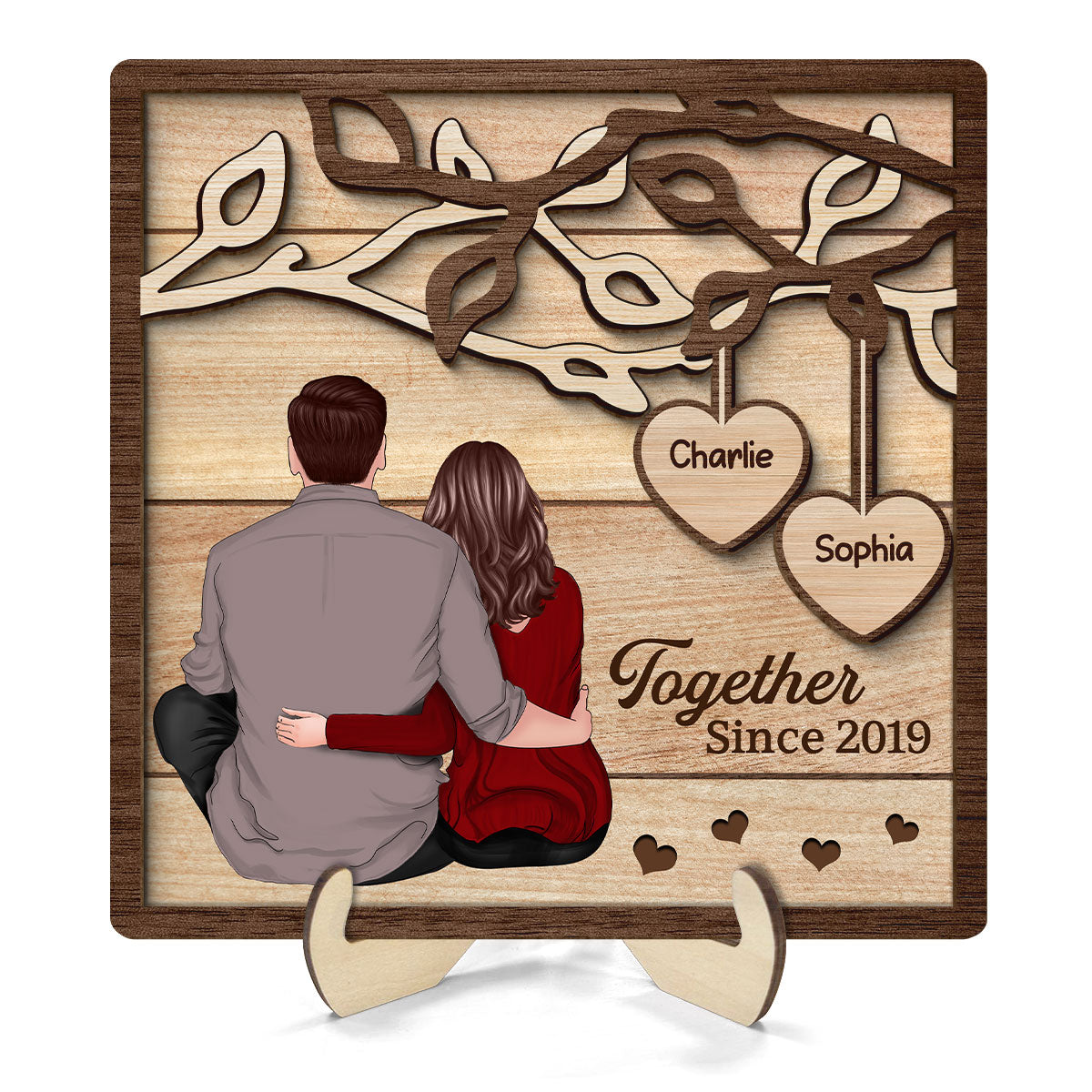 Back View Couple Sitting Under Tree Personalized 2-Layer Wooden Plaque