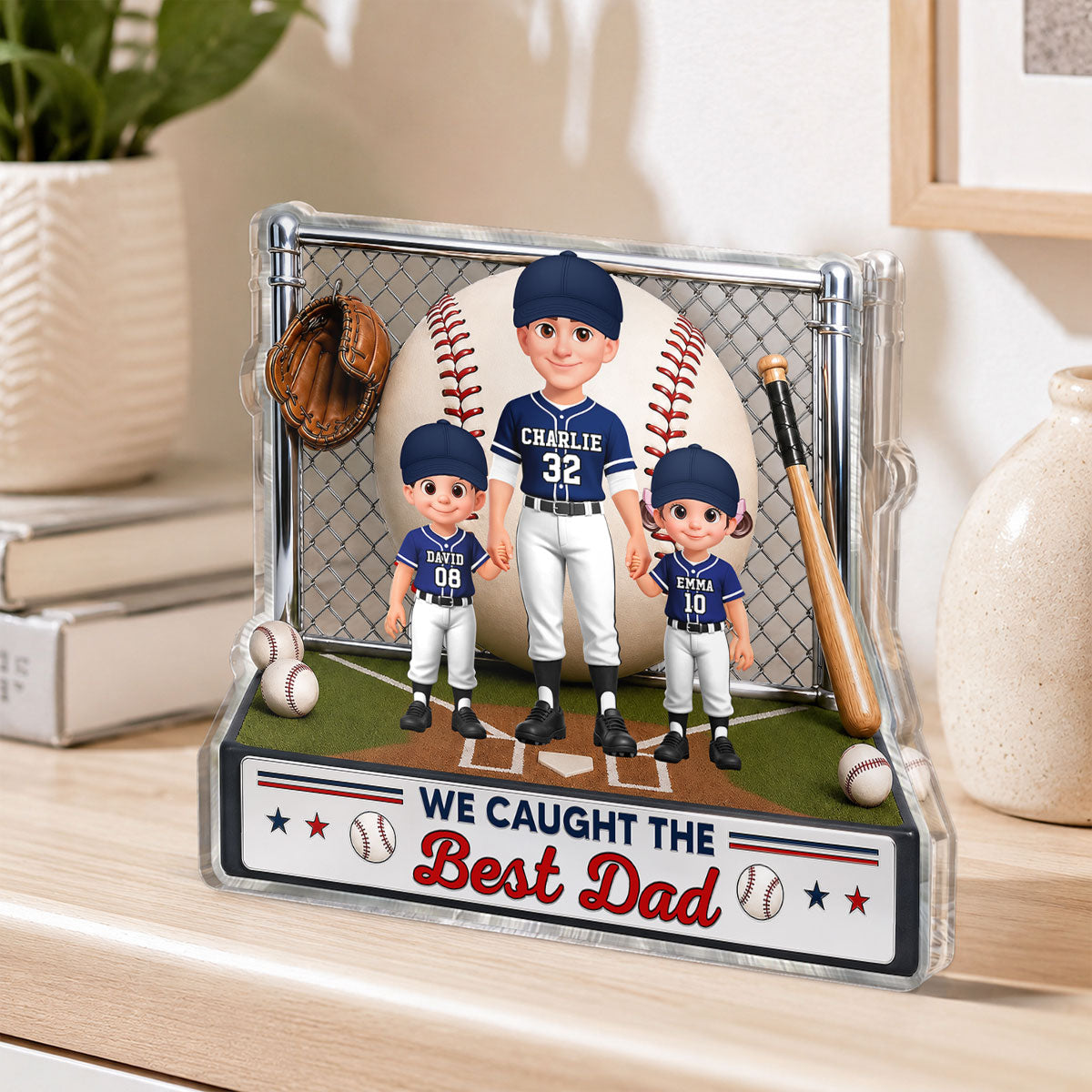 Baseball Dad And Kids We Caught The Best Dad - Personalized Acrylic Block Plaque -  Gift For Dad, Husband