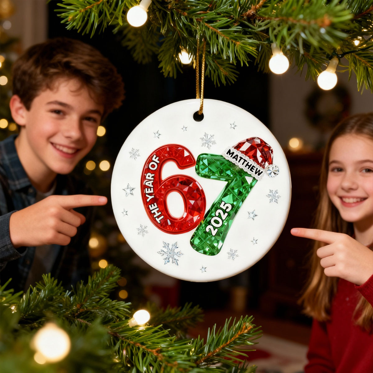 Shining Effect Teen Boy Girl 2025 Trending Slang Christmas 67 Six Seven - Personalized Ceramic Ornament - Funny Christmas Gift For Teen, Grandkid, Gen Alpha