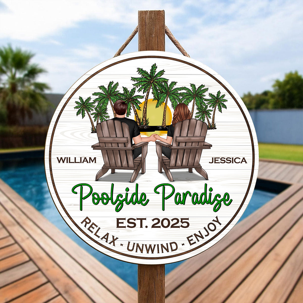 Summer Couple Retro Vintage Poolside Paradise Personalized Wood Sign