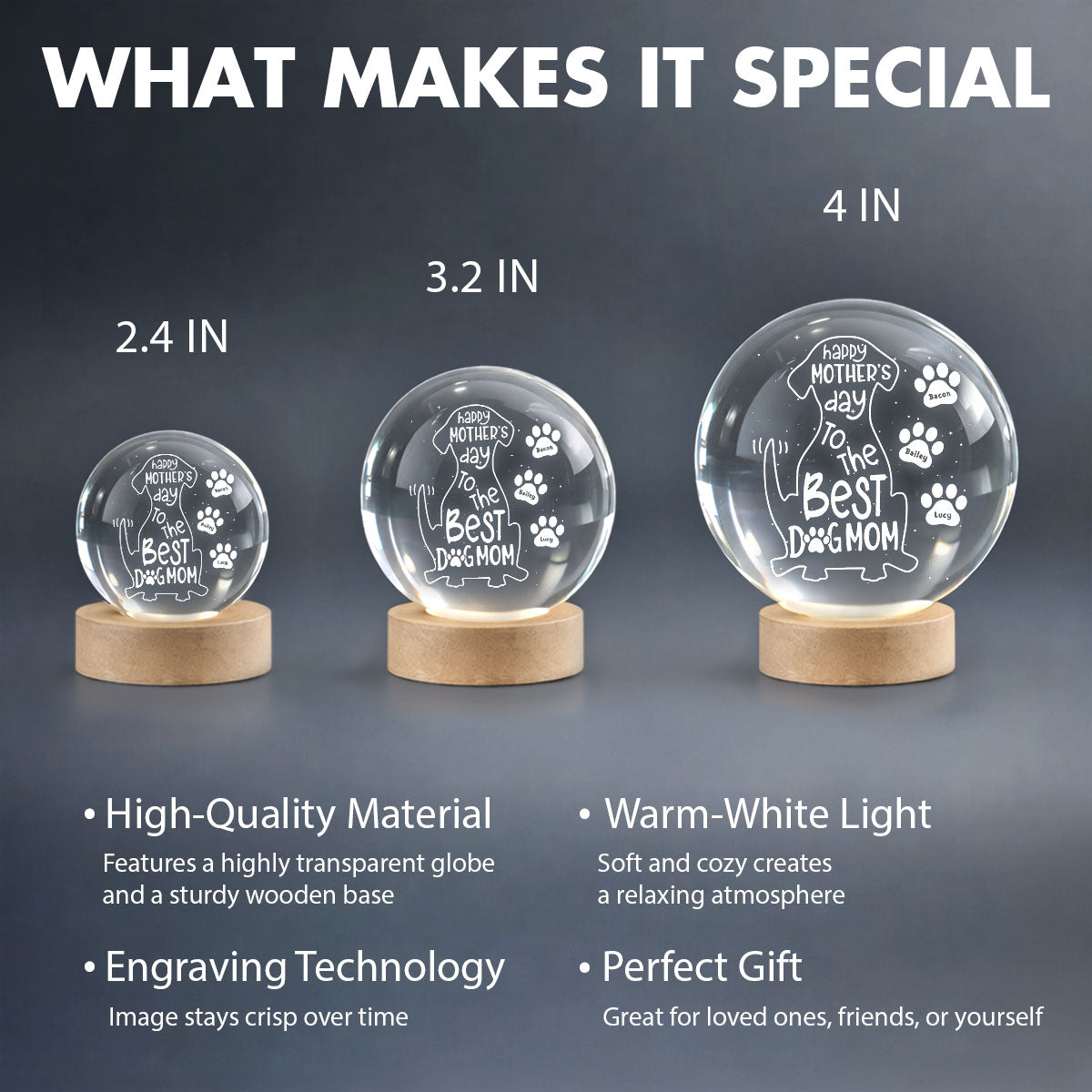 Happy Mother's Day Dog Mom - Personalized Crystal Ball LED Night Light - Heartfelt Mother's Day Gift for Wife