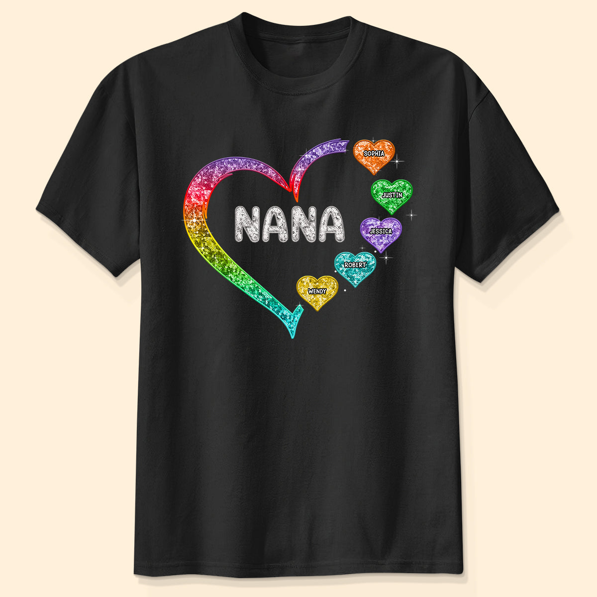 Grandma Mom Heart Faux Sequin Embroidery Personalized Shirt