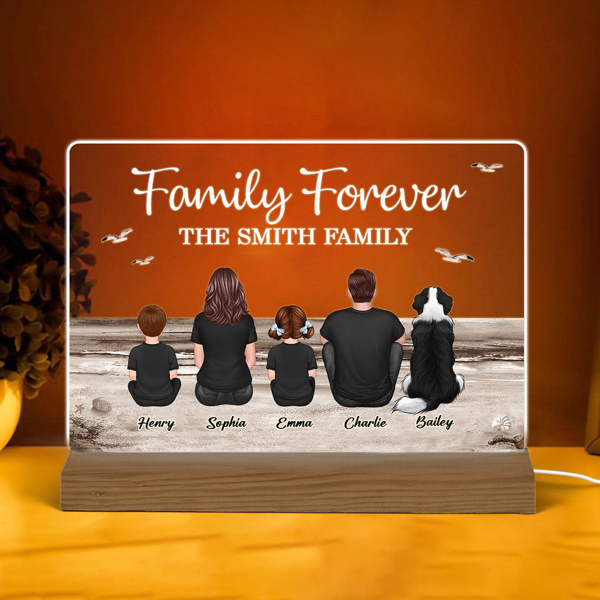 Retro Vintage Family Sitting Beach Landscape Personalized Custom Shape Acrylic Plaque LED Night Light