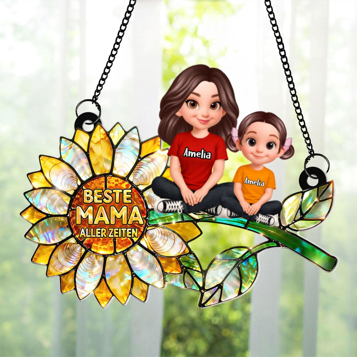 Sonnenblumen-Mama mit Kindern – Personalisierter Suncatcher frs Fenster – Liebevolles Muttertagsgeschenk fr Mama oder Ehefrau