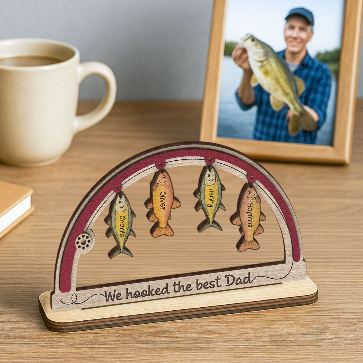 We're Hooked The Best Dad Grandpa Fishing Personalized 2-Layer Standing Wooden Plaque,  Gift For Dad, Gift for Husband