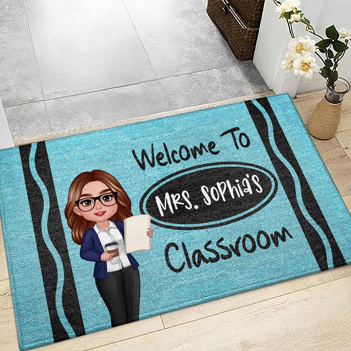 Teacher Crayon Pattern Welcome To Classroom - Personalized Doormat - Back To School Gift, Classroom Decoration