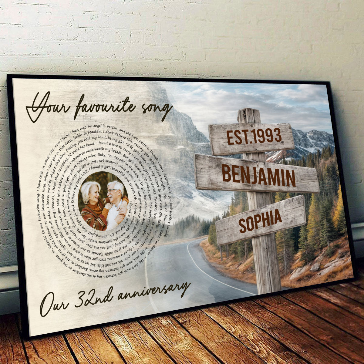 Vintage Signpost Mountain Landscape Song Lyrics Art Personalized Poster, Anniversary Valentine's Gift For Her, For Him