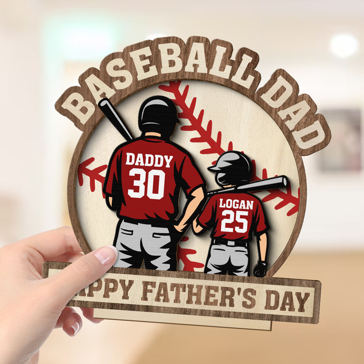 Baseball Family Back View Personalized 2-Layered Standing Wooden Plaque,  gift for Dad, for Husband