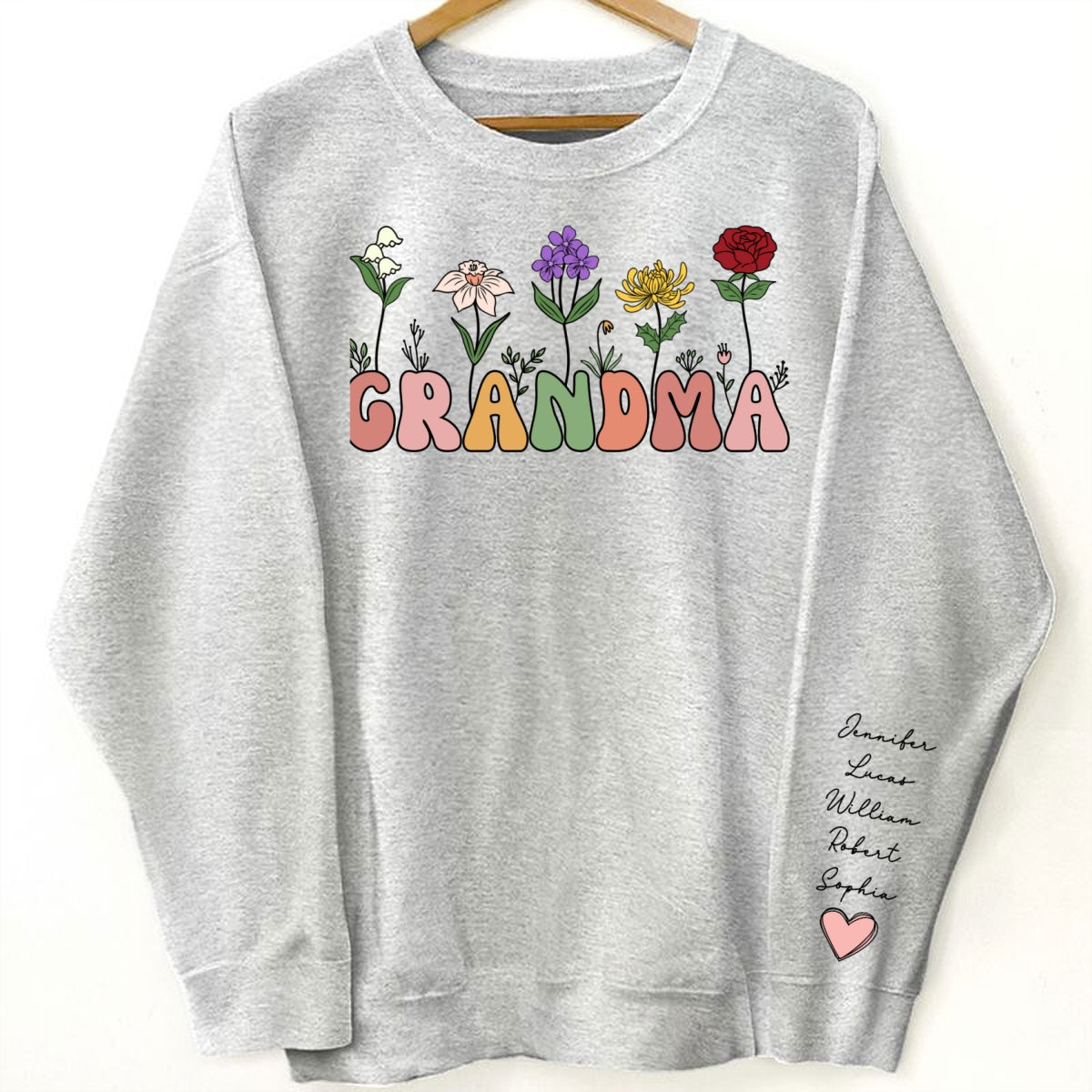 Grandma Retro Birth Month Flower Gift Personalized Sleeve Printed Sweatshirt