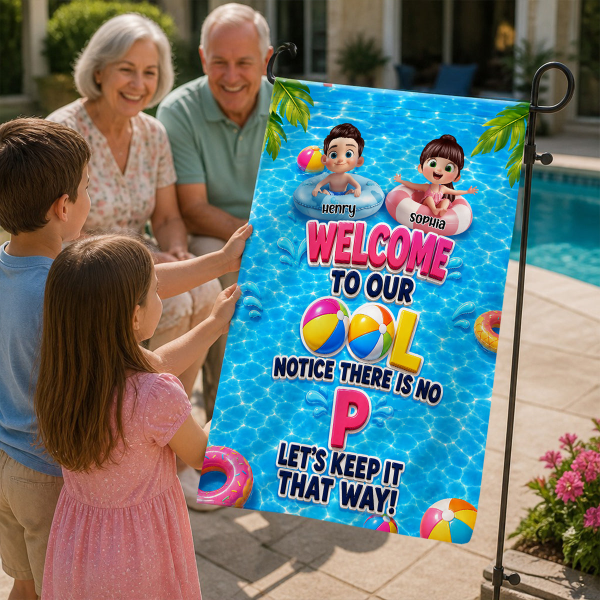 Notice There Is No ""P"" In The Pool - Personalized Garden Flag - Gift For Kids, Grandparents, Summer Decorations