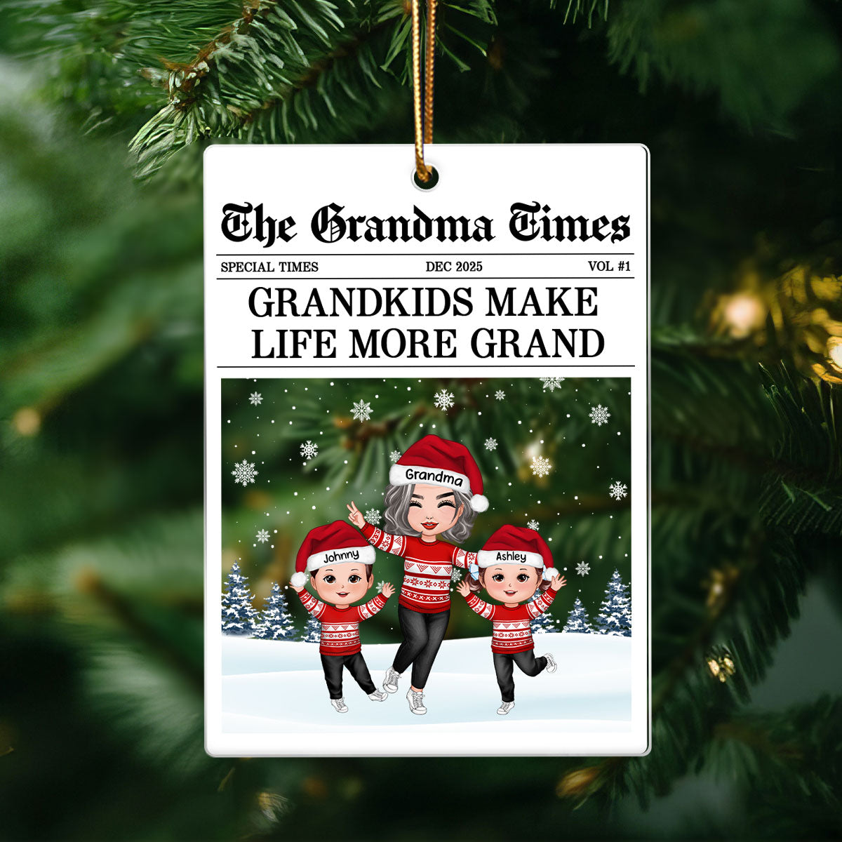 The Grandma Times Grandkids Newspaper - Personalized Acrylic Ornament - Christmas Gift for Grandma