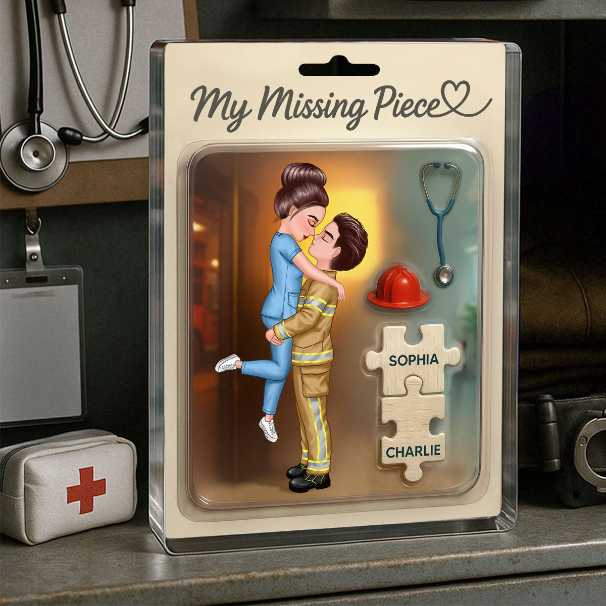 My Missing Piece Firefighter Nurse Doll Couple Personalized Acrylic Block Plaque, Gift for Him, Gift for Her