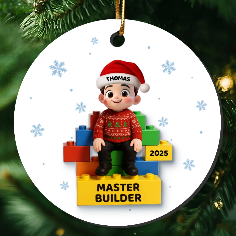 3D Effect Little Kid Master Builder Christmas - Personalized Ceramic Ornament - Christmas Gift For Grandkids, Grandson, Granddaughter