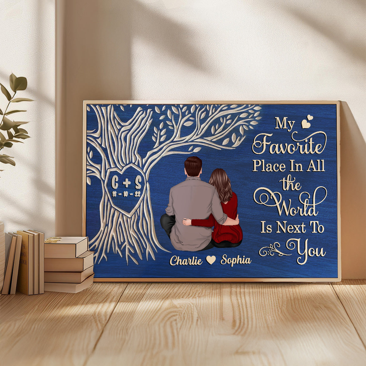Favorite Place Next To You Couple Sitting Under Heart Carved Tree - Personalized Poster - Anniversary Gift, Valentine's Gift For Him, For Her
