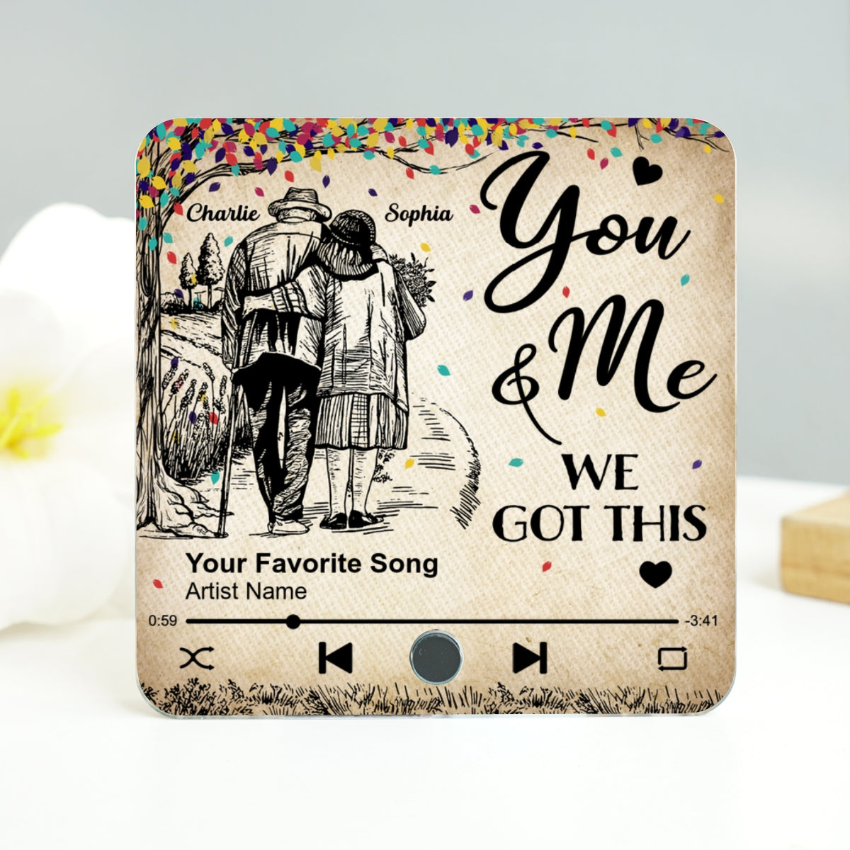 Colorful Tree Old Couple Walking Personalized Music Fridge Magnet, Heartfelt Gift For Couple, For Him, For Her, Boyfriend, Girlfriend, Husband, Wife