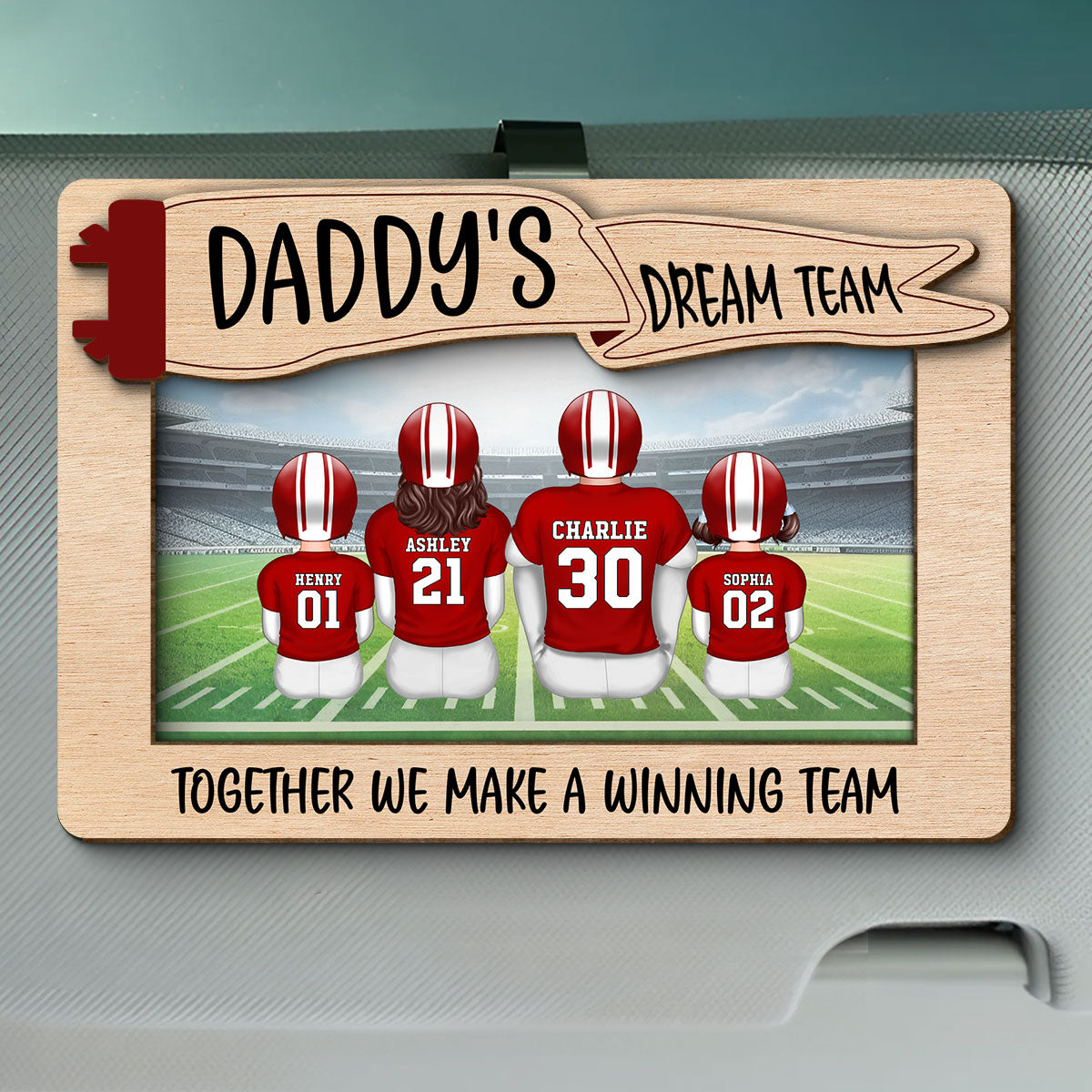 Daddy's Team Football Family Sitting Personalized Car Visor Clip, Gift For Dad, Grandpa, Husband