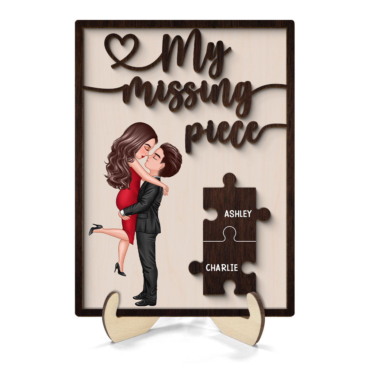 My Missing Piece Valentine‘s Day Gift For Her Gift For Him Dark Wood Themed Personalized 2-Layer Wooden Plaque