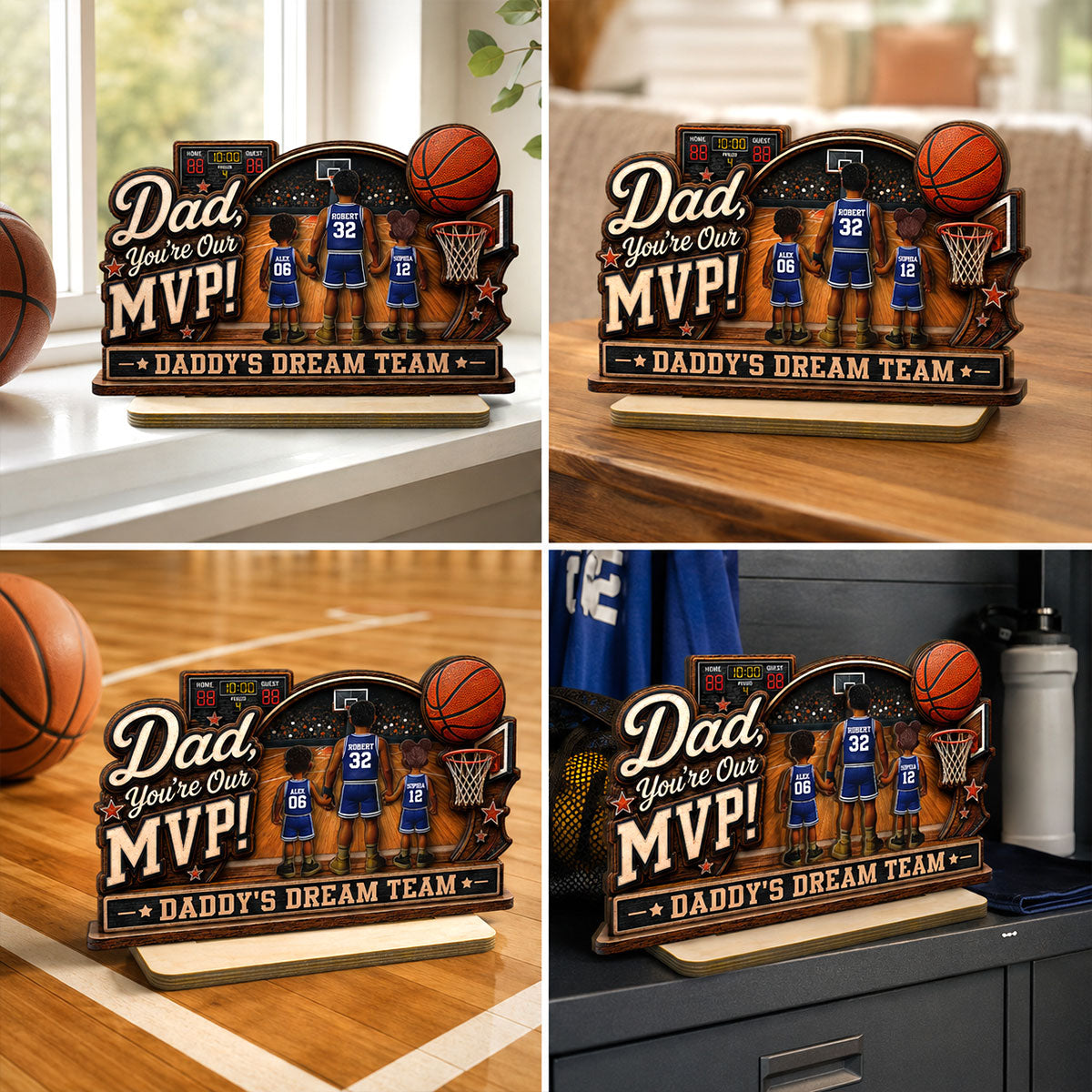 Dad You Are Our MVP Standing Basketball Man & Kids 2D Flat - Personalized 2-Layered Wooden Plaque -  Gift For Basketball Dad