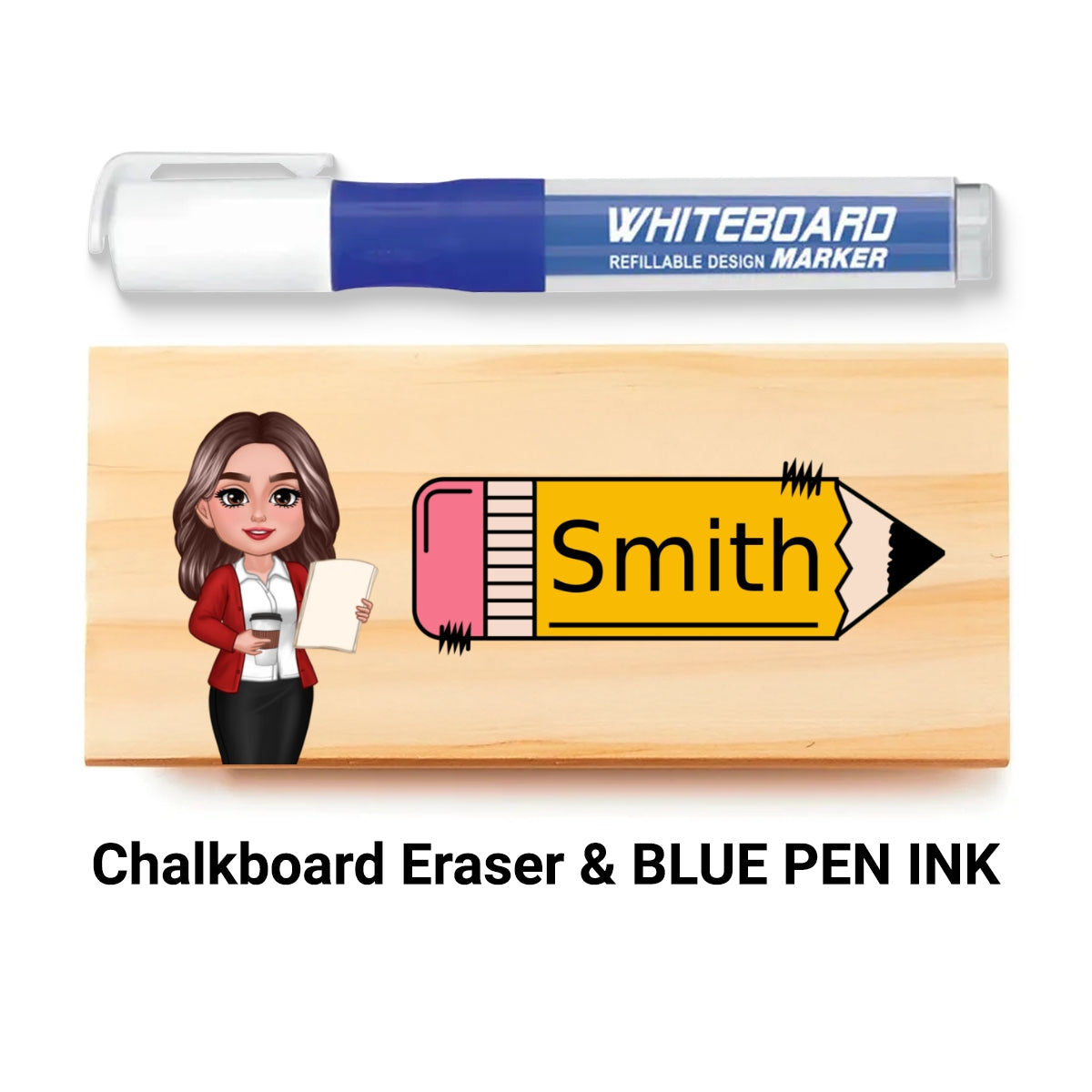 Teacher Sitting Personalized Teacher Whiteboard Eraser, Custom Teacher Appreciation Gifts, Chalkboard Eraser with Marker, Preschool Teacher Name gifts