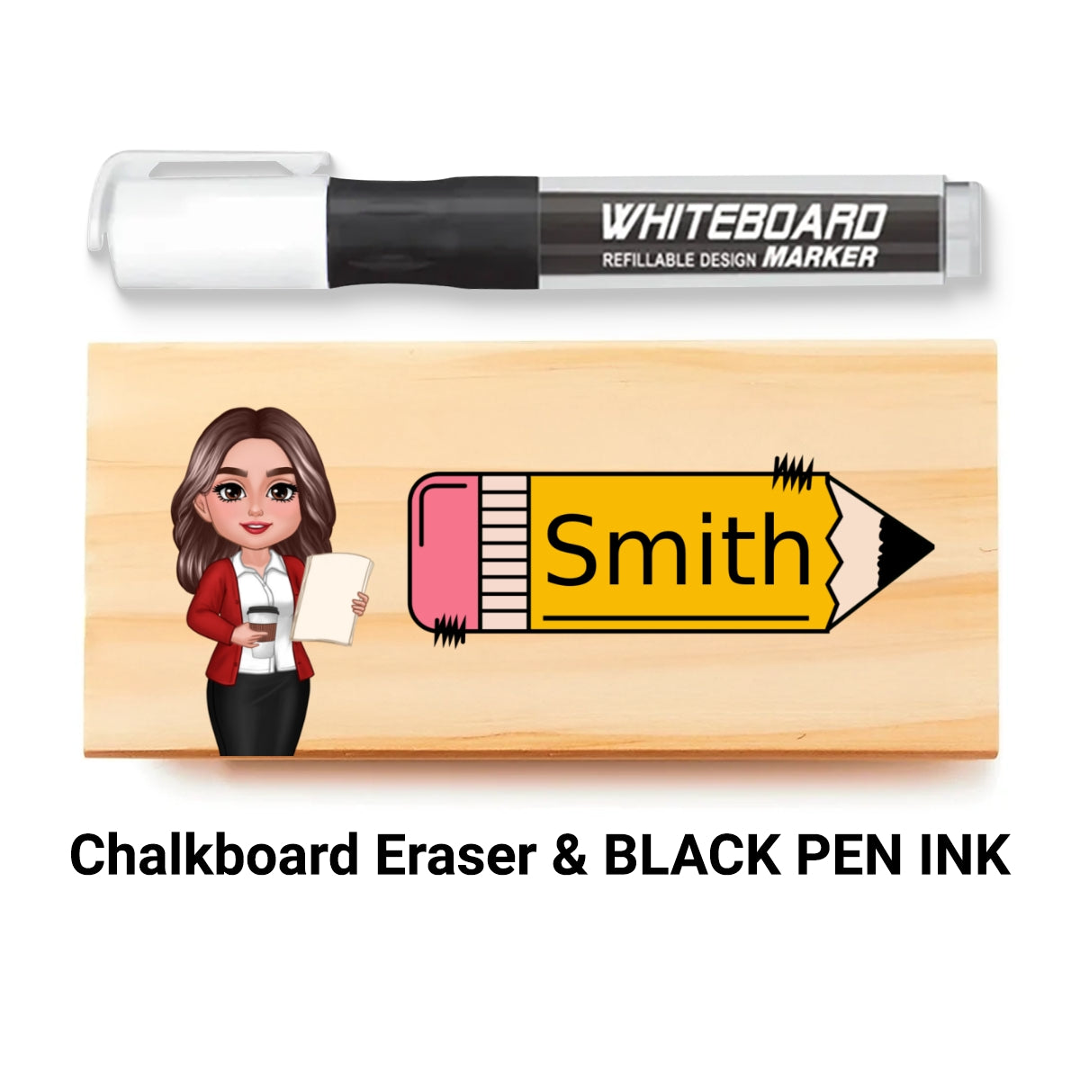 Teacher Sitting Personalized Teacher Whiteboard Eraser, Custom Teacher Appreciation Gifts, Chalkboard Eraser with Marker, Preschool Teacher Name gifts