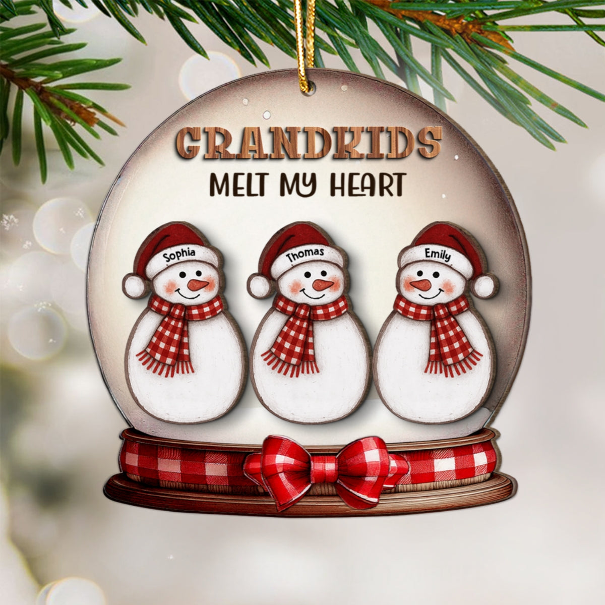 Grandkids Melt Our Hearts Folk Art Snowman - Personalized 2-Layer Wooden Ornament - Christmas Decor