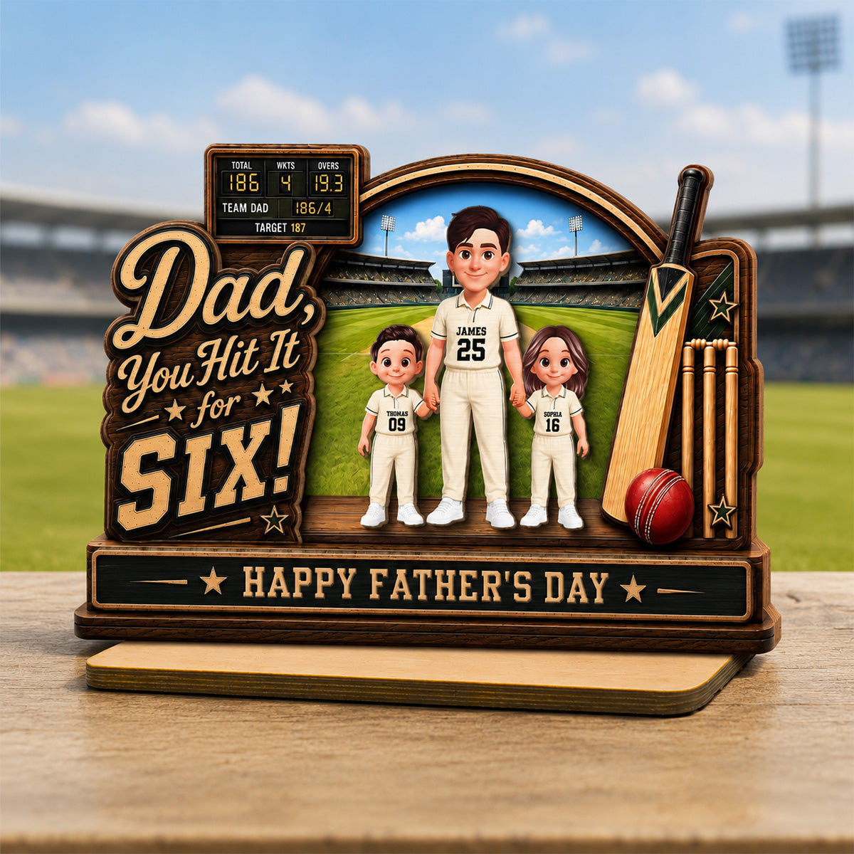 Hit A Six With The Best Dad Cricket Dad & Kids On Court - Personalised 2-Layered Wooden Plaque -  Gift For Husband, Dad