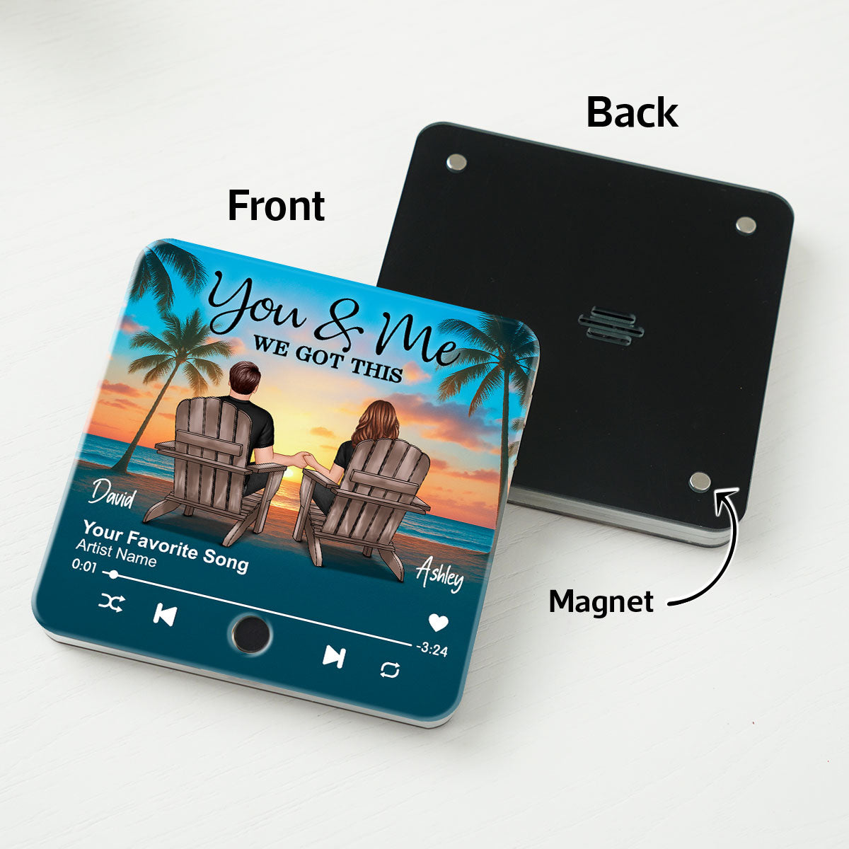Couple Beach Sunset Under Tree Palm Personalized Music Fridge Magnet, Anniversary gift for him, for her