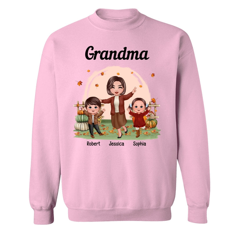 Fall Season Happy Doll Grandma And Grandkids In The Pumpkin Patch Personalized Shirt